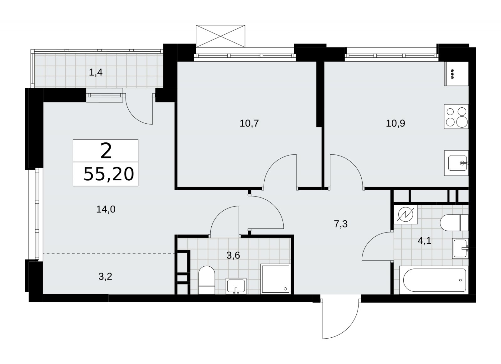 2-комнатная квартира с частичной отделкой, 55.2 м2, 13 этаж, сдача 4 квартал 2025 г., ЖК Скандинавия, корпус 28.4 - объявление 2202650 - фото №1