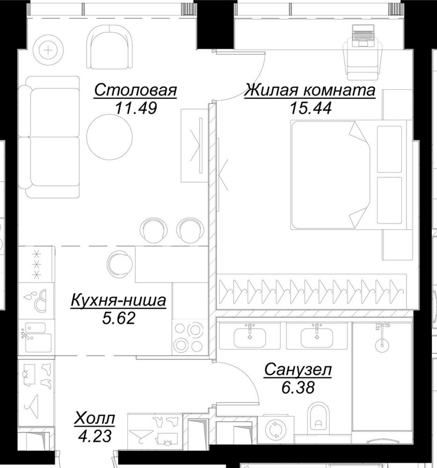 1-комнатная квартира с частичной отделкой, 43.5 м2, 15 этаж, сдача 4 квартал 2024 г., ЖК MOD, корпус Mann - объявление 2212939 - фото №1