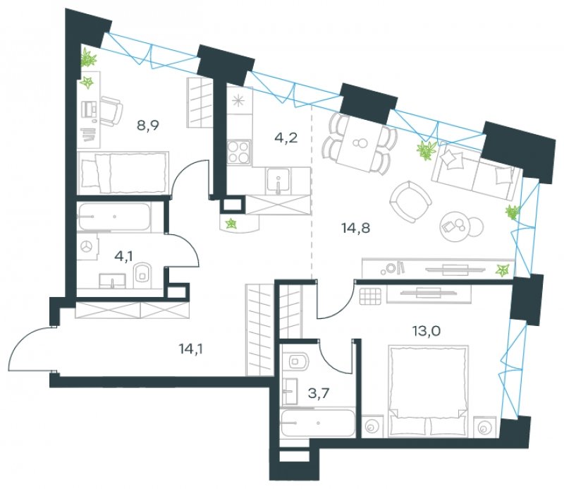 3-комнатная квартира с частичной отделкой, 62.8 м2, 1 этаж, сдача 4 квартал 2023 г., ЖК Level Нагатинская, корпус В - объявление 1667875 - фото №1