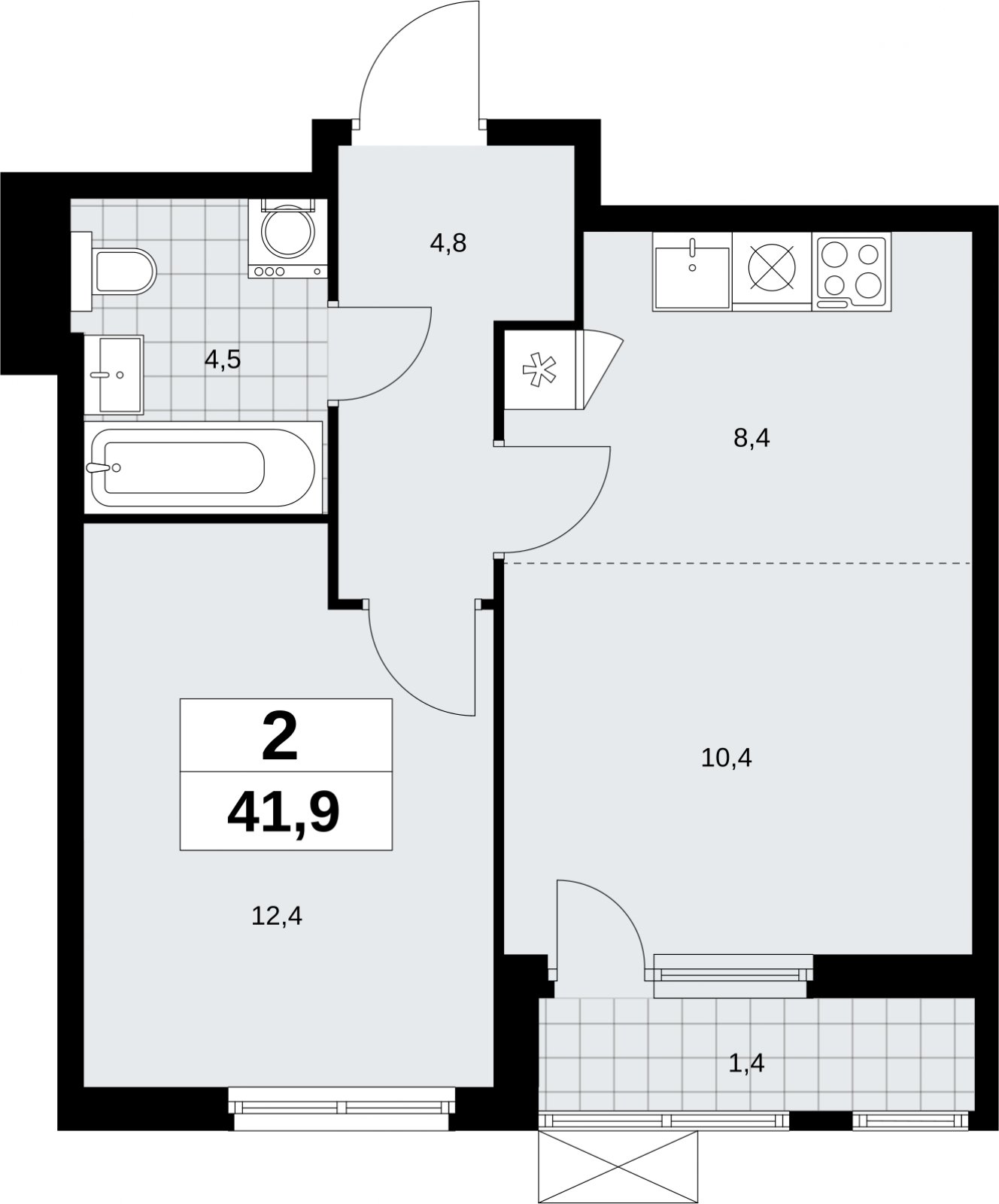 2-комнатная квартира (евро) с полной отделкой, 41.9 м2, 12 этаж, сдача 3 квартал 2026 г., ЖК Дзен-кварталы, корпус 6.1.3 - объявление 2327427 - фото №1