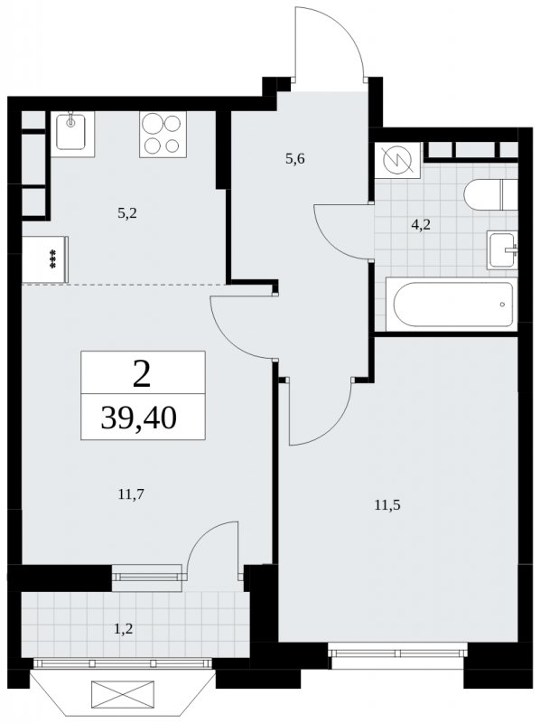 2-комнатная квартира (евро) без отделки, 39.4 м2, 12 этаж, сдача 4 квартал 2024 г., ЖК Бунинские кварталы, корпус 1.3 - объявление 1834614 - фото №1