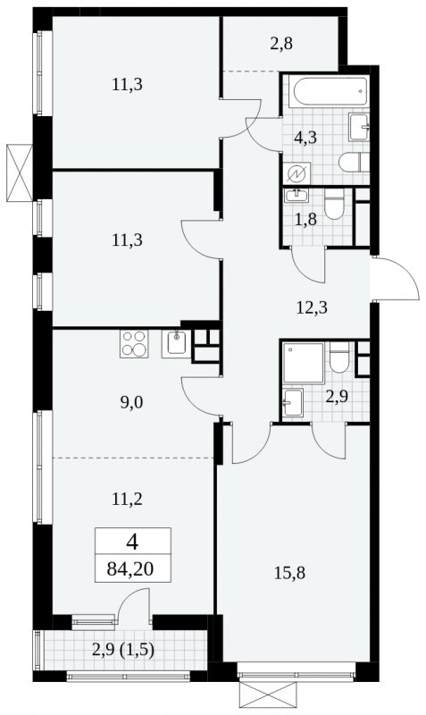 4-комнатная квартира (евро) с частичной отделкой, 84.2 м2, 11 этаж, сдача 2 квартал 2025 г., ЖК Прокшино, корпус 5.1.1 - объявление 1859954 - фото №1