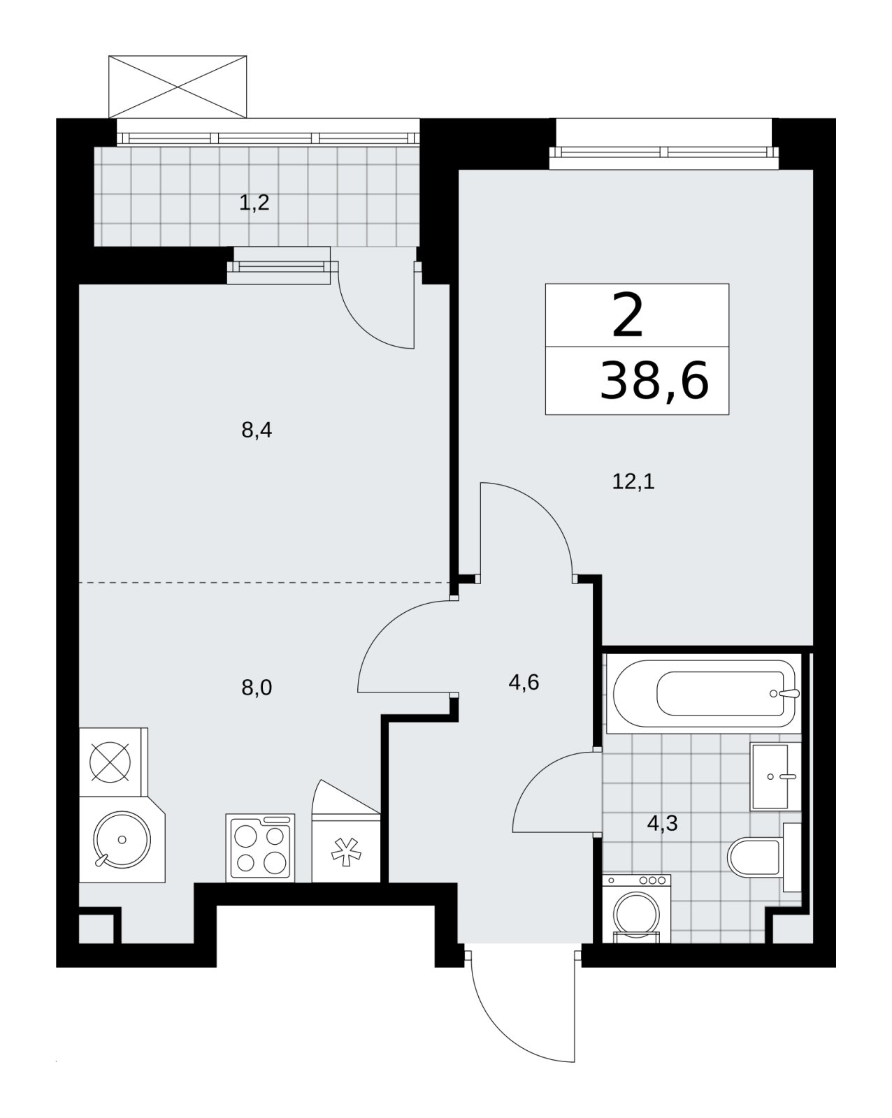2-комнатная квартира (евро) без отделки, 38.6 м2, 2 этаж, сдача 2 квартал 2026 г., ЖК Скандинавия, корпус 25.5 - объявление 2283615 - фото №1