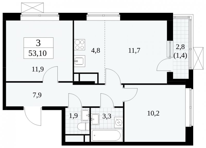 3-комнатная квартира (евро) без отделки, 53.1 м2, 14 этаж, сдача 1 квартал 2025 г., ЖК Прокшино, корпус 5.1.3 - объявление 1810928 - фото №1