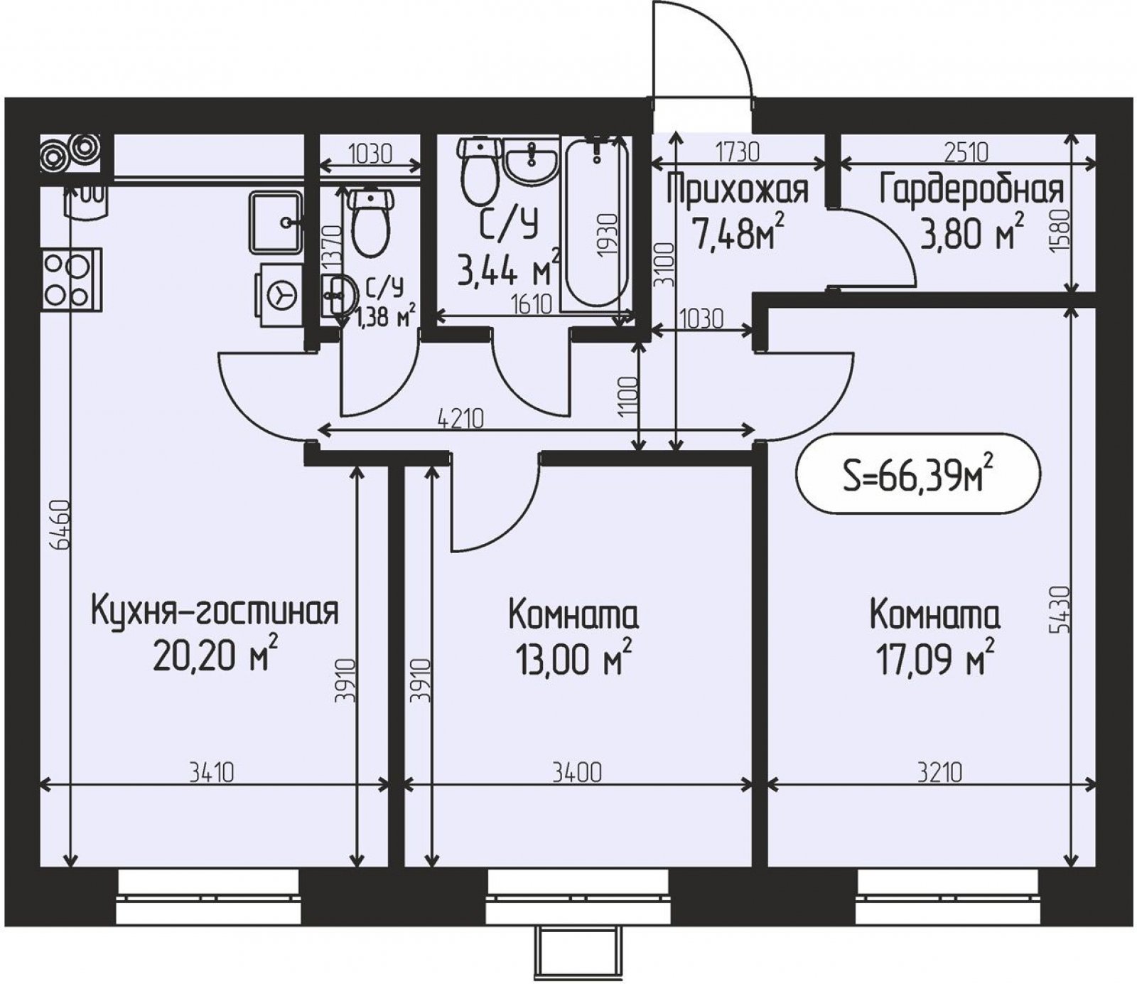 2-комнатная квартира без отделки, 66.39 м2, 1 этаж, сдача 4 квартал 2027 г., ЖК Мечта, квартал Дружба, корпус 1 - объявление 2408572 - фото №1