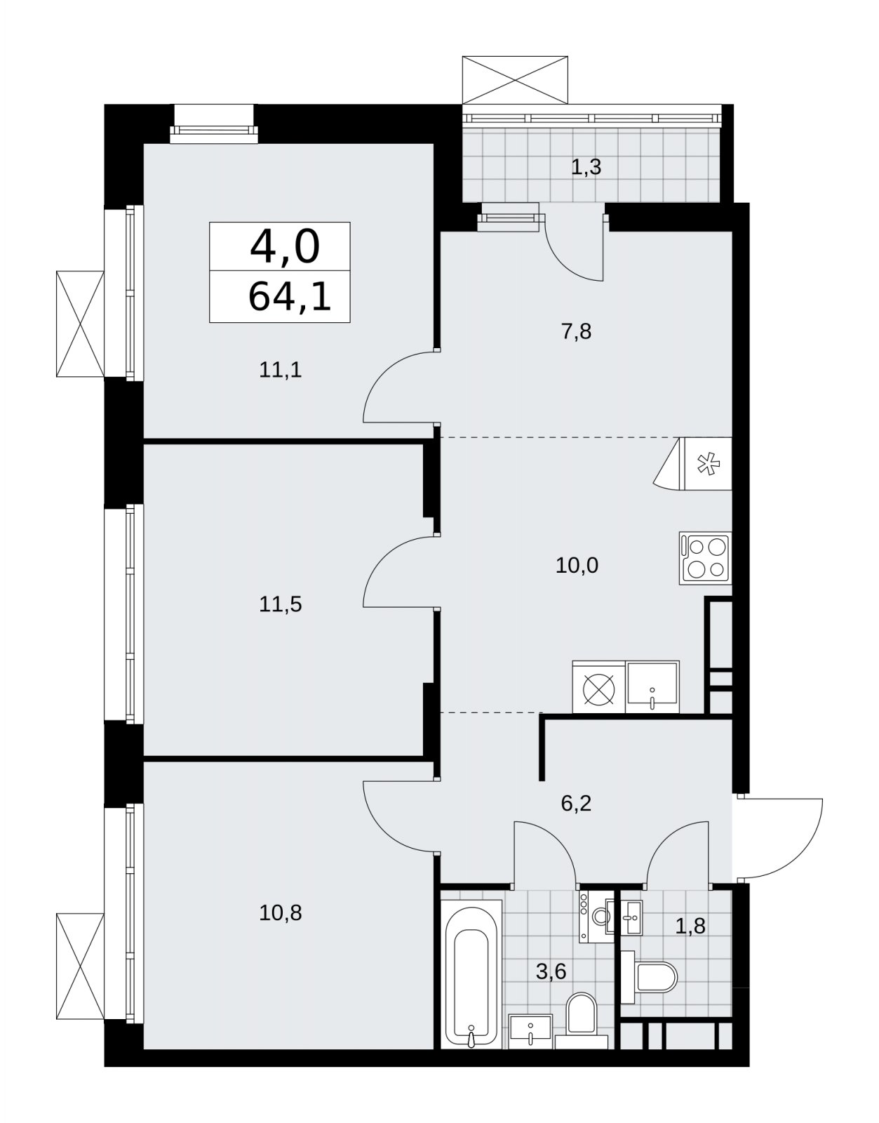 4-комнатная квартира (евро) с частичной отделкой, 64.1 м2, 12 этаж, сдача 2 квартал 2026 г., ЖК Прокшино, корпус 10.1.5 - объявление 2227832 - фото №1