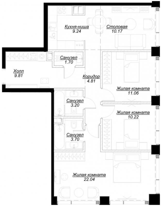 3-комнатная квартира с частичной отделкой, 85.71 м2, 35 этаж, сдача 4 квартал 2024 г., ЖК MOD, корпус Mod.M - объявление 1788522 - фото №1