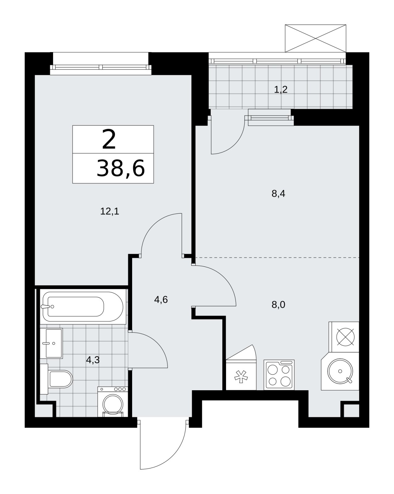2-комнатная квартира (евро) без отделки, 38.6 м2, 2 этаж, сдача 2 квартал 2026 г., ЖК Скандинавия, корпус 25.5 - объявление 2283759 - фото №1