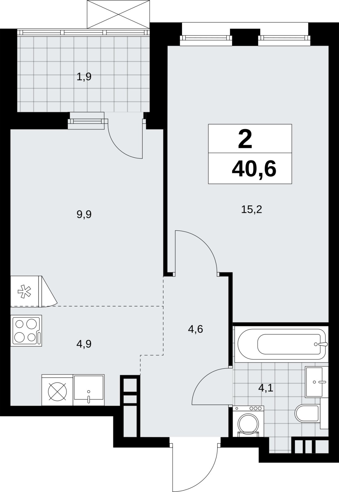 2-комнатная квартира (евро) без отделки, 40.6 м2, 8 этаж, сдача 4 квартал 2026 г., ЖК Скандинавия, корпус 2.18.1.3 - объявление 2350811 - фото №1