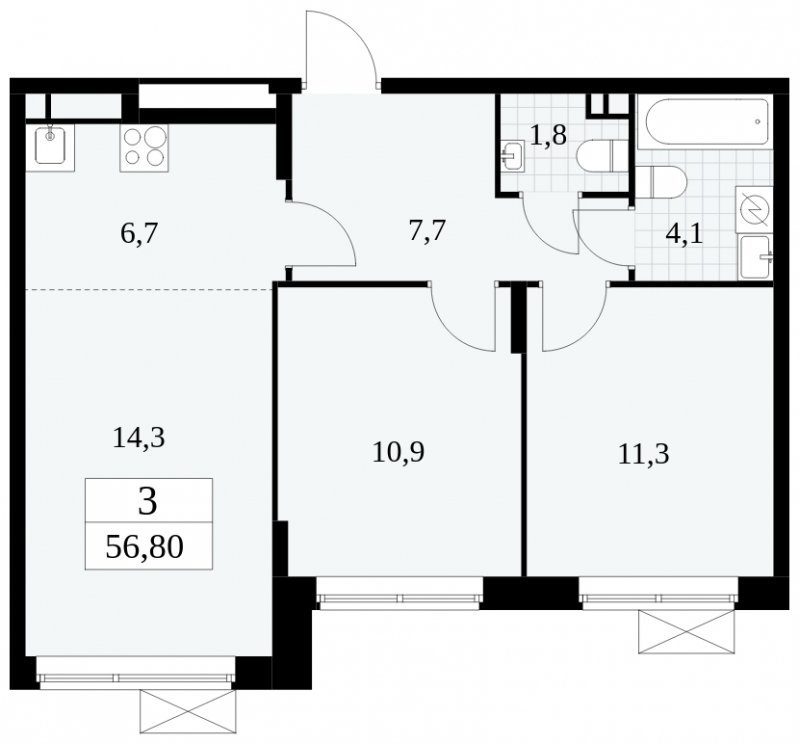 3-комнатная квартира (евро) с частичной отделкой, 56.8 м2, 2 этаж, сдача 2 квартал 2025 г., ЖК Прокшино, корпус 5.2.6 - объявление 1900994 - фото №1