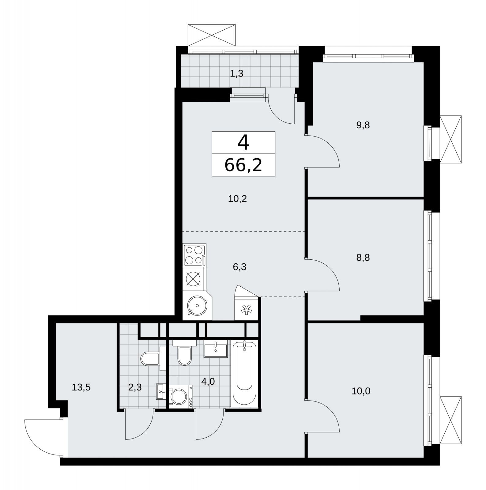 4-комнатная квартира (евро) без отделки, 66.2 м2, 10 этаж, сдача 1 квартал 2026 г., ЖК Скандинавия, корпус 37.2.1 - объявление 2254352 - фото №1
