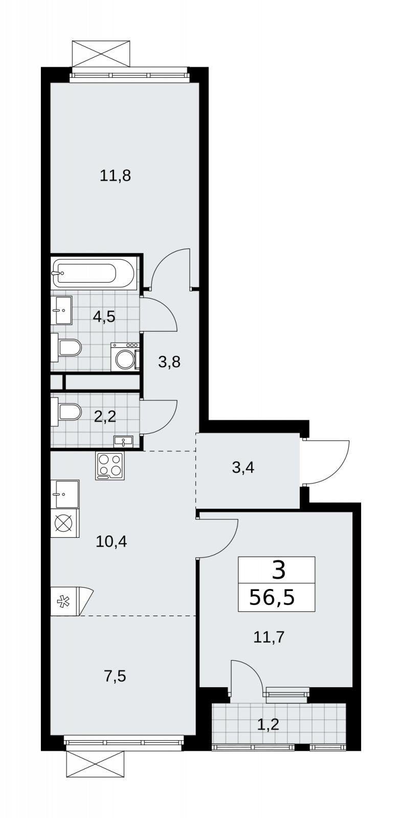 3-комнатная квартира (евро) без отделки, 56.5 м2, 8 этаж, сдача 4 квартал 2025 г., ЖК Прокшино, корпус 11.1.4 - объявление 2257738 - фото №1