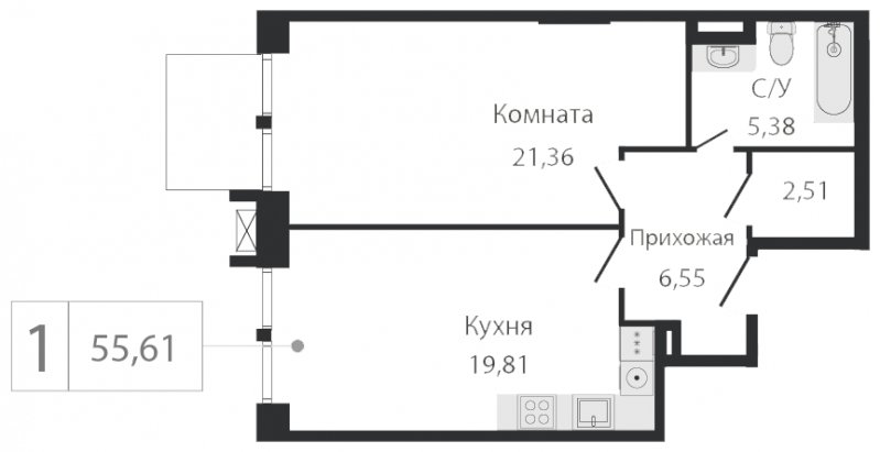 2-комнатная квартира (евро) без отделки, 55.61 м2, 2 этаж, сдача 2 квартал 2023 г., ЖК Dream Towers, корпус 2 - объявление 1800564 - фото №1