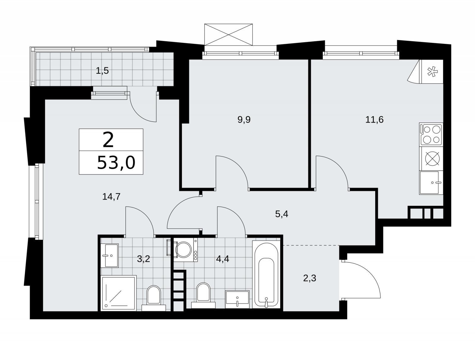 2-комнатная квартира с частичной отделкой, 53 м2, 11 этаж, сдача 1 квартал 2026 г., ЖК Прокшино, корпус 11.1.2 - объявление 2257300 - фото №1