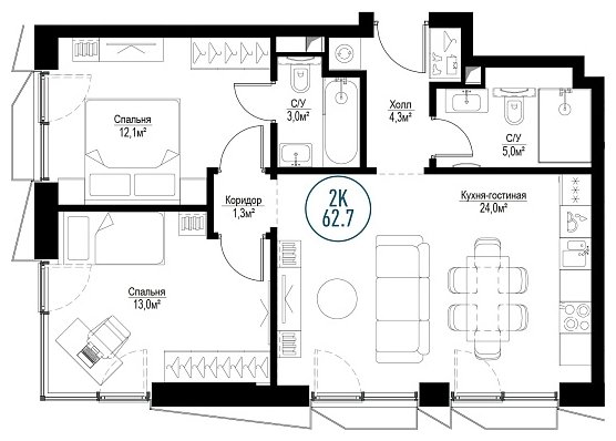 2-комнатная квартира с частичной отделкой, 62.7 м2, 8 этаж, сдача 3 квартал 2024 г., ЖК Метрополия, корпус Barcelona - объявление 1937591 - фото №1