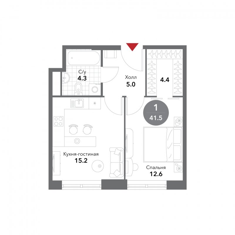 1-комнатная квартира без отделки, 41.5 м2, 7 этаж, сдача 3 квартал 2025 г., ЖК VOXHALL, корпус 2 - объявление 1953339 - фото №1