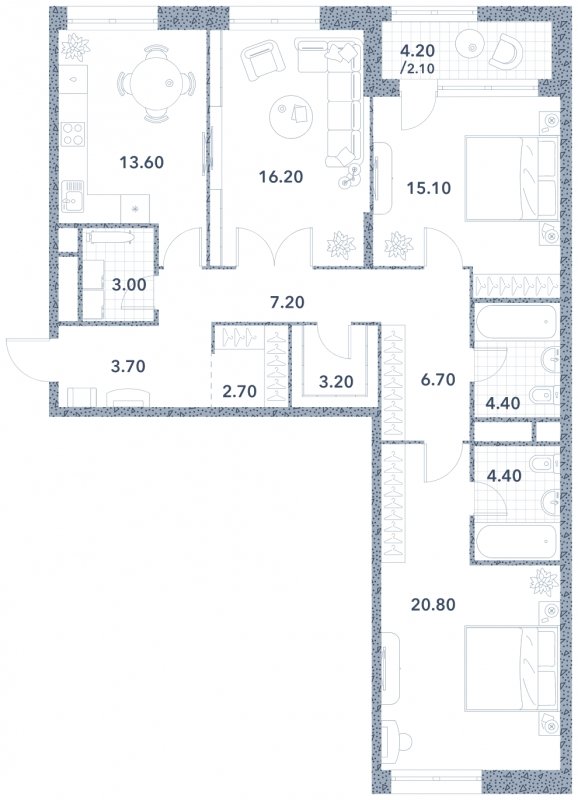 3-комнатная квартира без отделки, 103.1 м2, 5 этаж, сдача 3 квартал 2023 г., ЖК Серебряный фонтан, корпус 3 - объявление 1819302 - фото №1