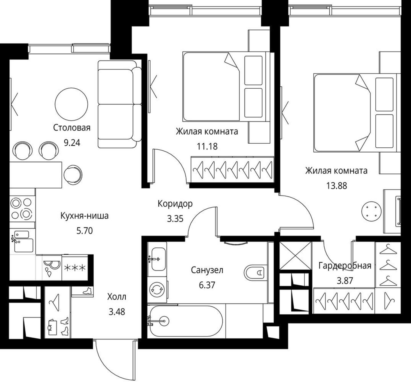 2-комнатная квартира с частичной отделкой, 57.07 м2, 23 этаж, сдача 3 квартал 2026 г., ЖК City Bay, корпус North Ocean 6 - объявление 2240448 - фото №1