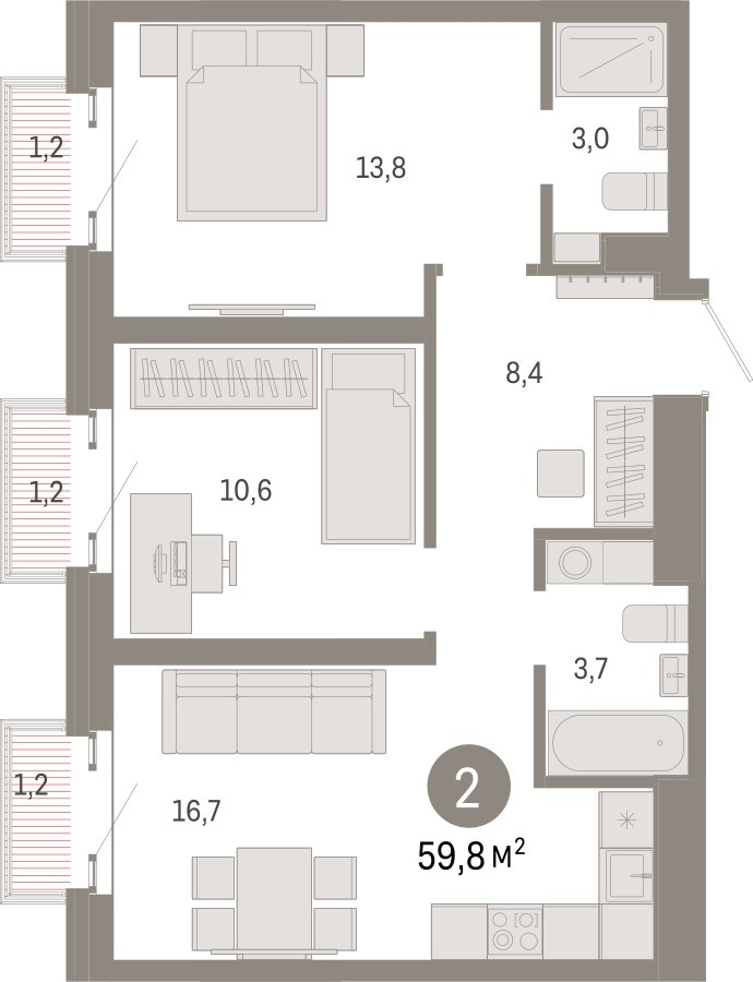 2-комнатная квартира 59.8 м2, 23 этаж, сдача 3 квартал 2026 г., ЖК Квартал Метроном, корпус 1 - объявление 2310904 - фото №1