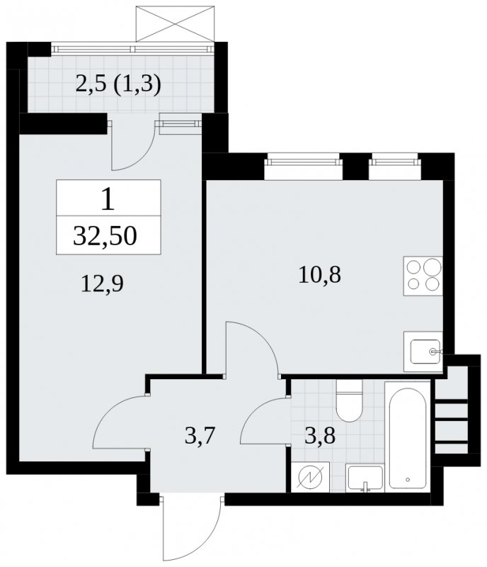 1-комнатная квартира без отделки, 32.5 м2, 18 этаж, сдача 1 квартал 2025 г., ЖК Прокшино, корпус 5.2.5 - объявление 1900987 - фото №1