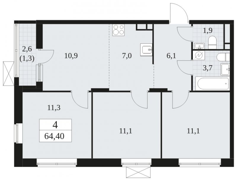 4-комнатная квартира (евро) без отделки, 64.4 м2, 3 этаж, сдача 1 квартал 2025 г., ЖК Прокшино, корпус 5.1.4 - объявление 1811008 - фото №1