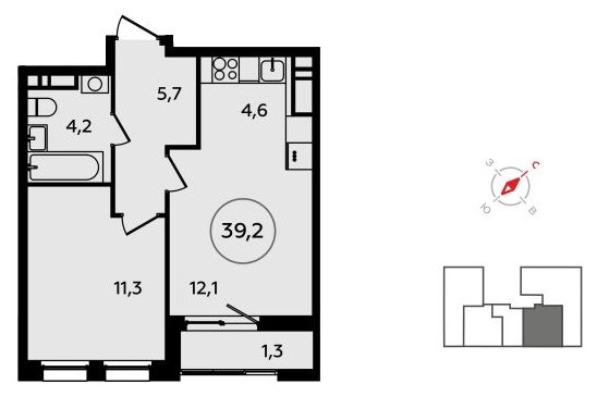 2-комнатная квартира (евро) без отделки, 39.2 м2, 16 этаж, сдача 3 квартал 2023 г., ЖК Прокшино, корпус 4.6 - объявление 1498766 - фото №1