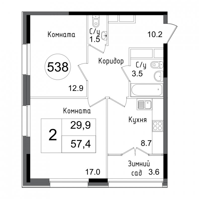 2-комнатная квартира без отделки, 57.5 м2, 24 этаж, дом сдан, ЖК Сиреневый Парк, корпус 7Б - объявление 1533664 - фото №1