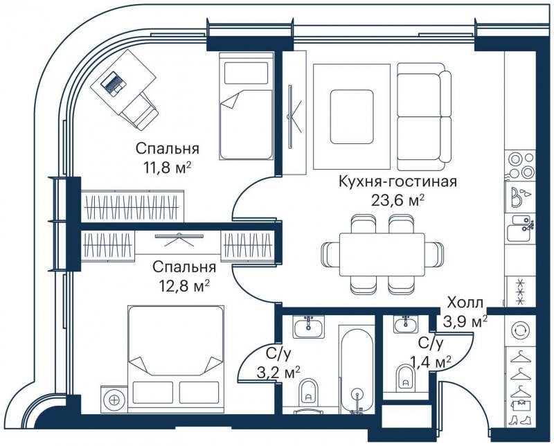 2-комнатная квартира с частичной отделкой, 56.7 м2, 47 этаж, сдача 4 квартал 2023 г., ЖК City Bay, корпус Atlantic Ocean 2 - объявление 1645547 - фото №1