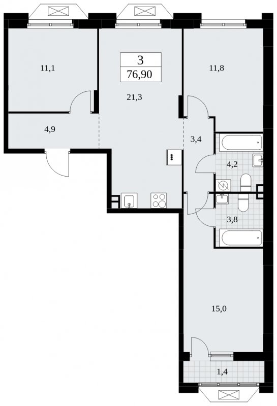 3-комнатная квартира с полной отделкой, 76.9 м2, 3 этаж, сдача 2 квартал 2025 г., ЖК Бунинские кварталы, корпус 1.2 - объявление 1834472 - фото №1