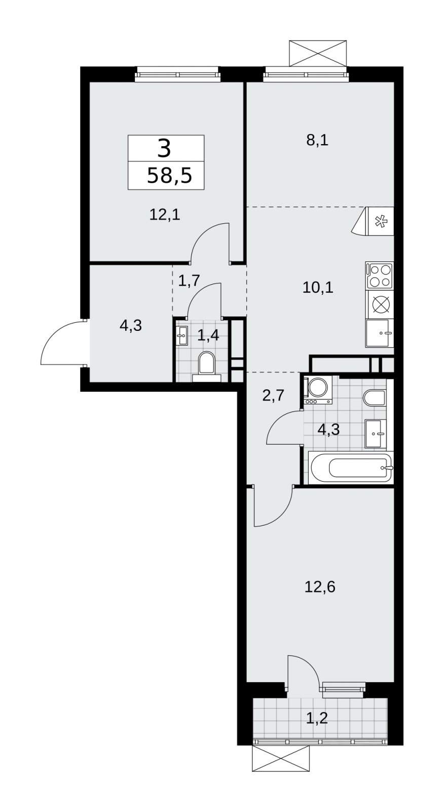 3-комнатная квартира (евро) с частичной отделкой, 58.5 м2, 13 этаж, сдача 2 квартал 2026 г., ЖК Прокшино, корпус 11.2.3 - объявление 2270316 - фото №1