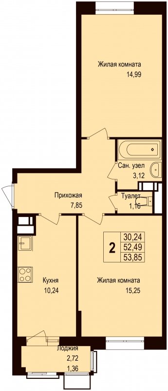 2-комнатная квартира без отделки, 53.85 м2, 3 этаж, дом сдан, ЖК Новая Щербинка, корпус 13 - объявление 1683353 - фото №1