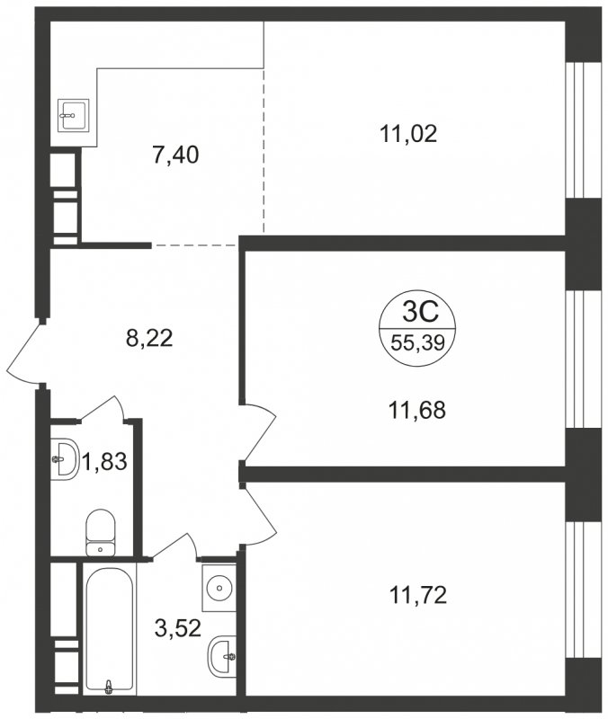 3-комнатная квартира (евро) с полной отделкой, 55.39 м2, 14 этаж, сдача 1 квартал 2023 г., ЖК Люберцы, корпус 62 - объявление 1503003 - фото №1