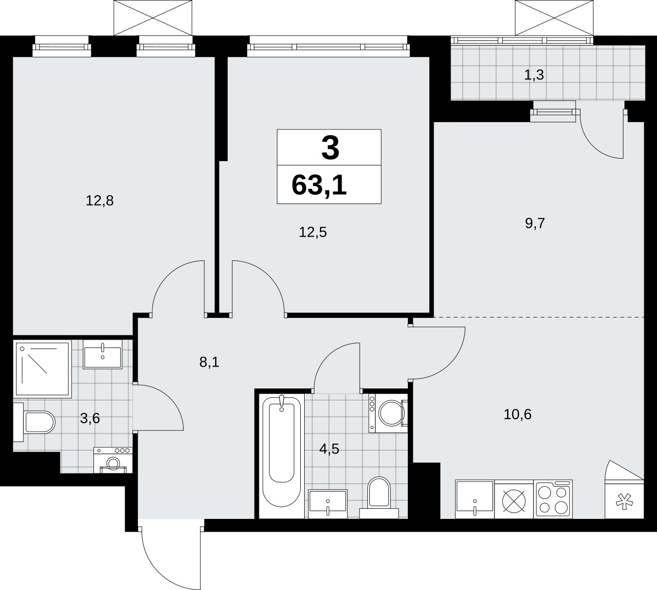 3-комнатная квартира (евро) без отделки, 63.1 м2, 4 этаж, сдача 2 квартал 2026 г., ЖК Дзен-кварталы, корпус 6.1.1 - объявление 2327090 - фото №1