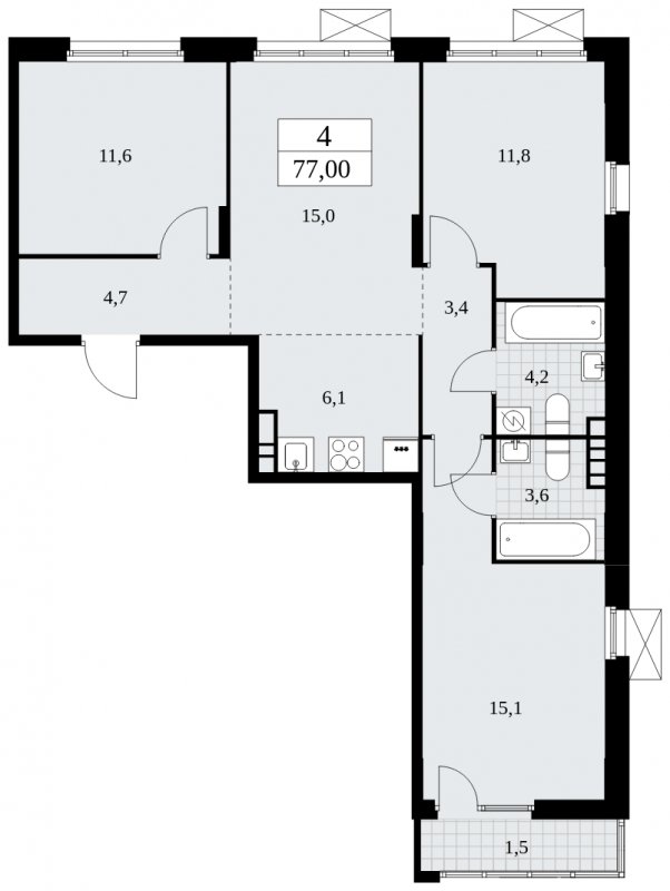 4-комнатная квартира (евро) с частичной отделкой, 77 м2, 7 этаж, сдача 4 квартал 2024 г., ЖК Бунинские кварталы, корпус 2.1 - объявление 1882321 - фото №1
