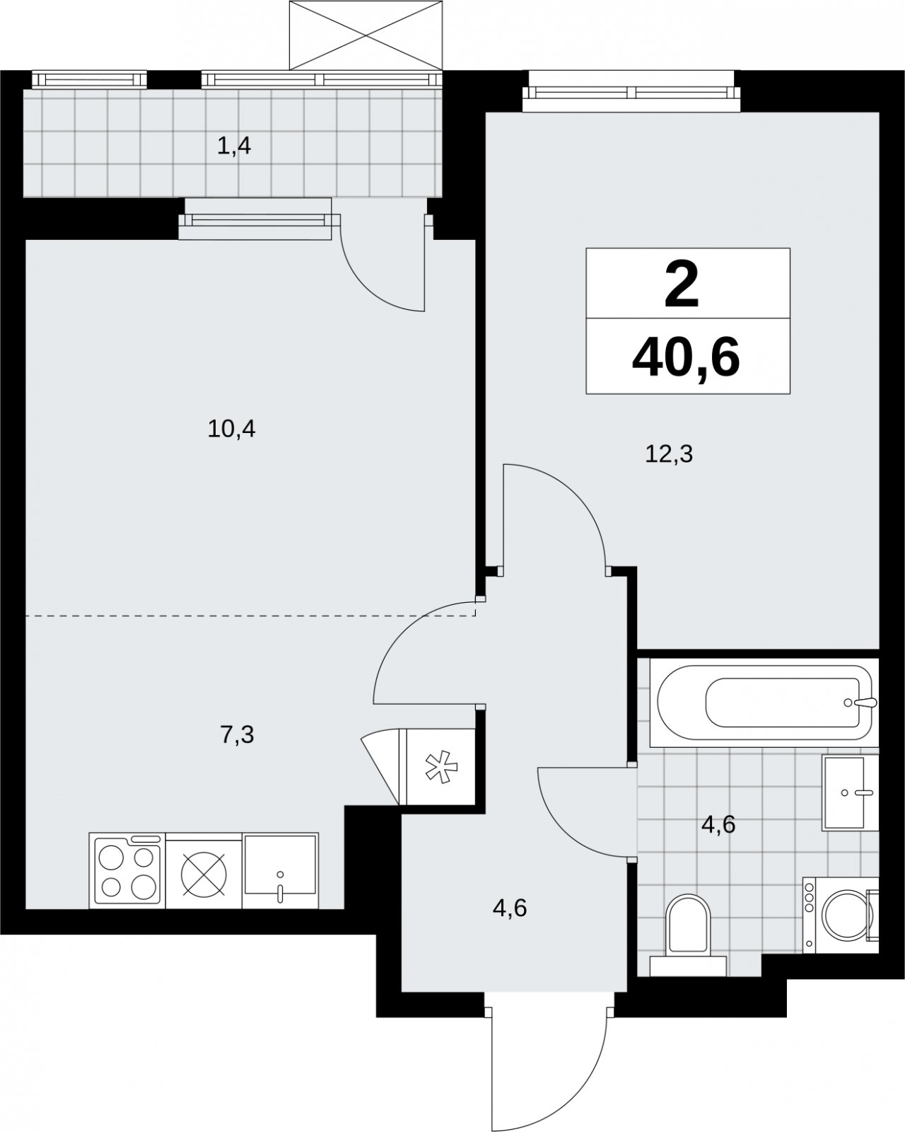 2-комнатная квартира (евро) с полной отделкой, 40.6 м2, 9 этаж, сдача 3 квартал 2026 г., ЖК Дзен-кварталы, корпус 6.1.3 - объявление 2328132 - фото №1