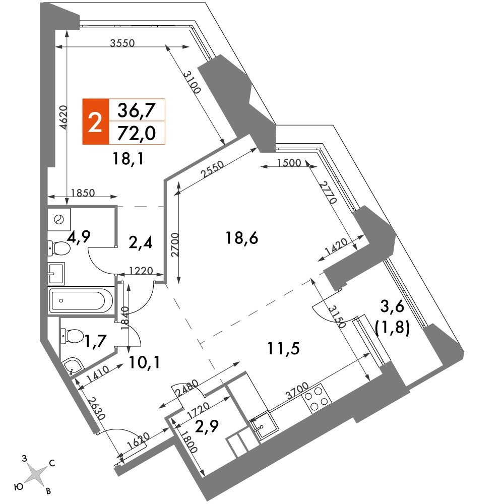 2-комнатная квартира с частичной отделкой, 72 м2, 14 этаж, дом сдан, ЖК Архитектор, корпус 3 - объявление 2329939 - фото №1