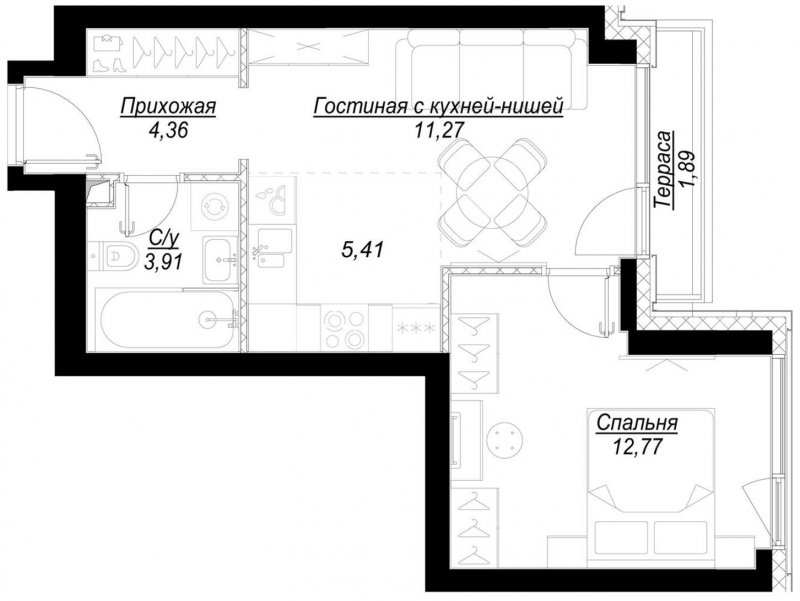 1-комнатная квартира с частичной отделкой, 38.3 м2, 3 этаж, сдача 1 квартал 2023 г., ЖК Hide, корпус RiverSide - объявление 1707039 - фото №1