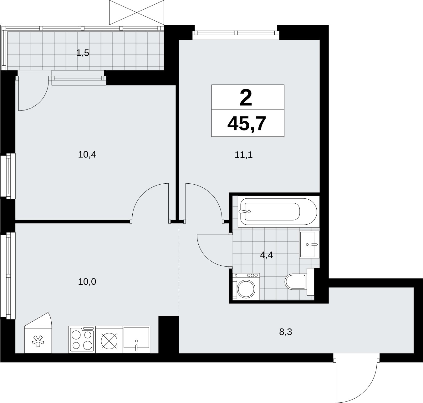 2-комнатная квартира без отделки, 45.7 м2, 3 этаж, сдача 1 квартал 2026 г., ЖК Дзен-кварталы, корпус 6.2.1 - объявление 2328311 - фото №1