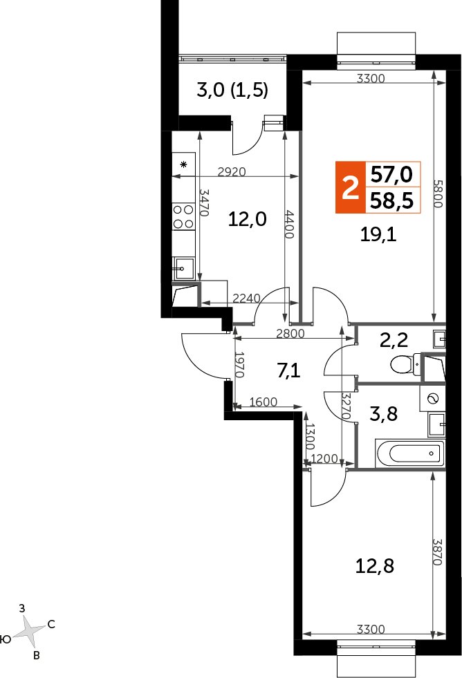2-комнатная квартира с частичной отделкой, 58.6 м2, 1 этаж, дом сдан, ЖК UP-квартал Римский, корпус 7 - объявление 2359940 - фото №1