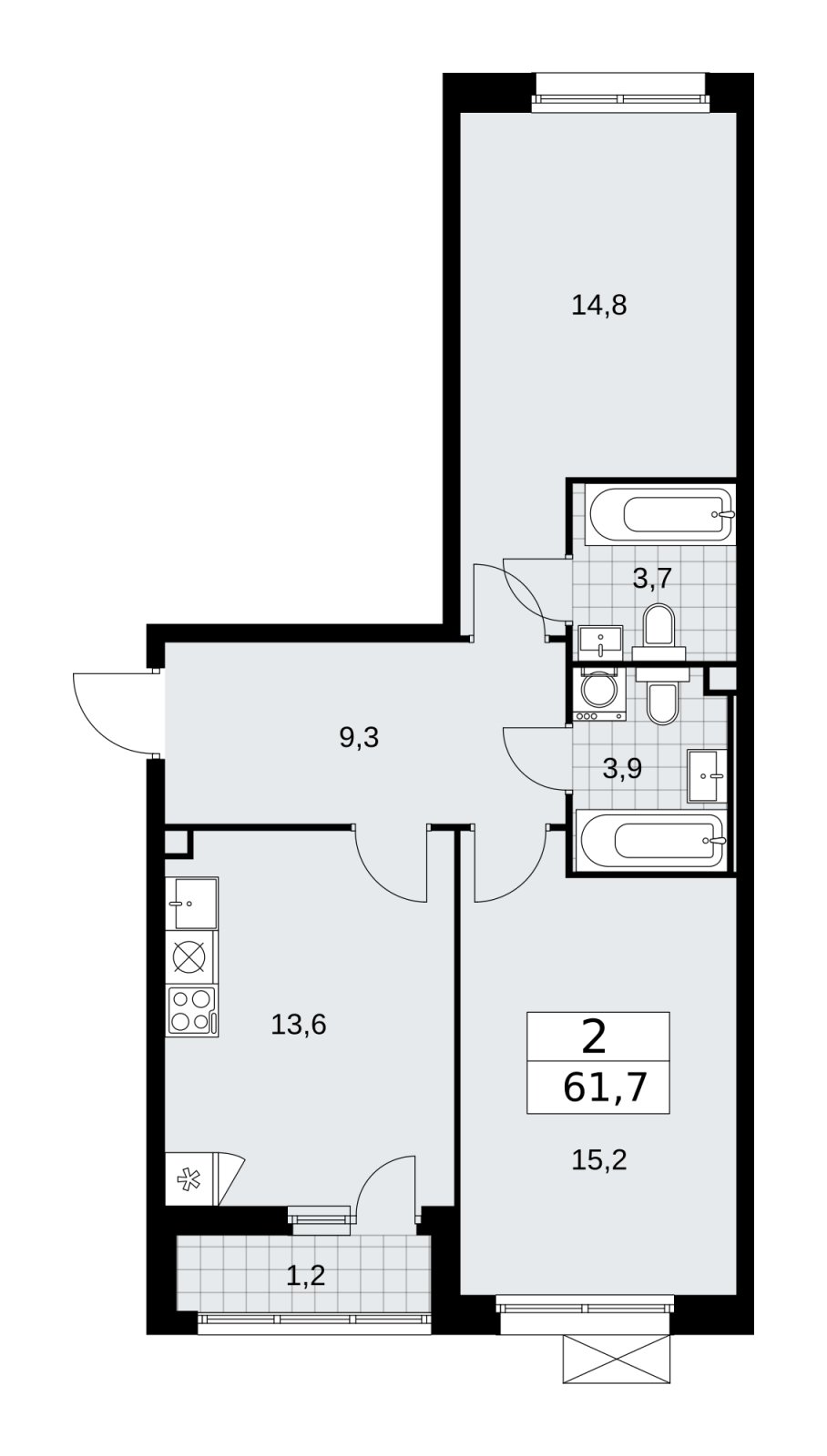 2-комнатная квартира без отделки, 61.7 м2, 2 этаж, сдача 2 квартал 2026 г., ЖК Скандинавия, корпус 25.4 - объявление 2284137 - фото №1