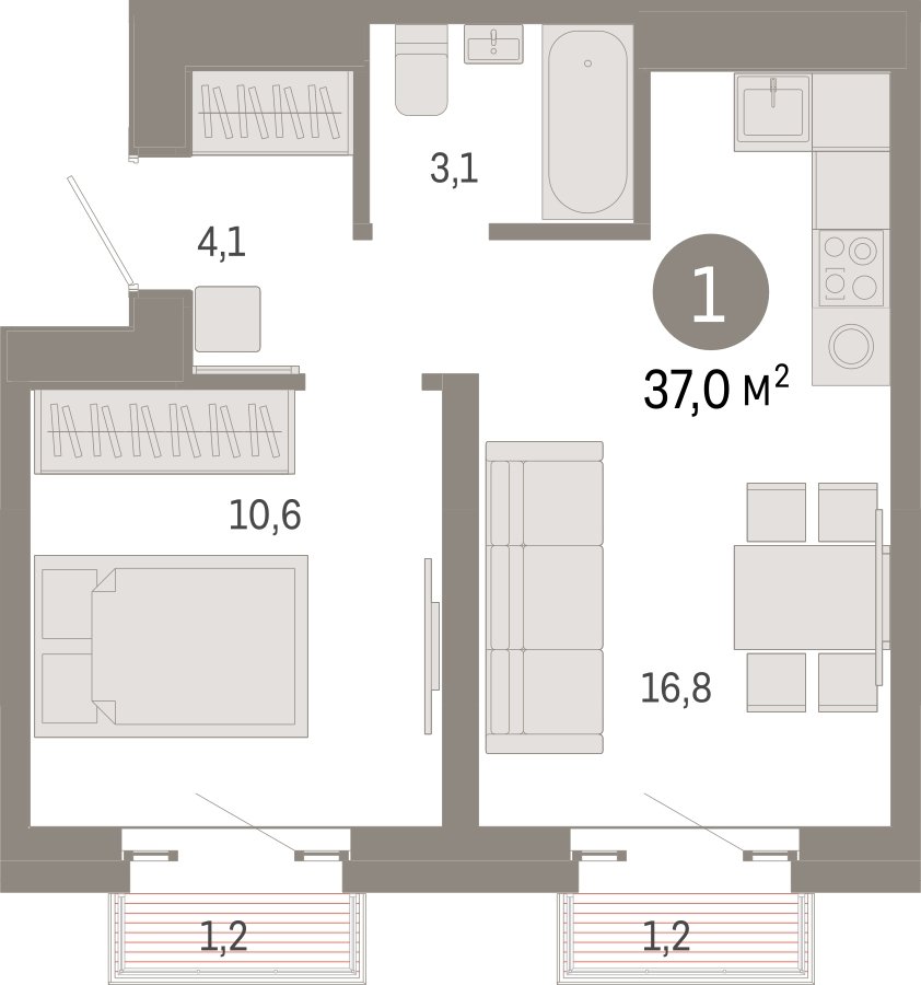 1-комнатная квартира 37 м2, 23 этаж, сдача 3 квартал 2026 г., ЖК Квартал Метроном, корпус 1 - объявление 2315265 - фото №1