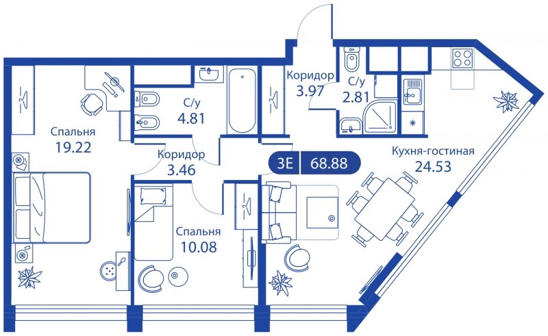 3-комнатная квартира (евро) без отделки, 68.88 м2, 29 этаж, сдача 4 квартал 2023 г., ЖК iLove, корпус 3 - объявление 1509365 - фото №1