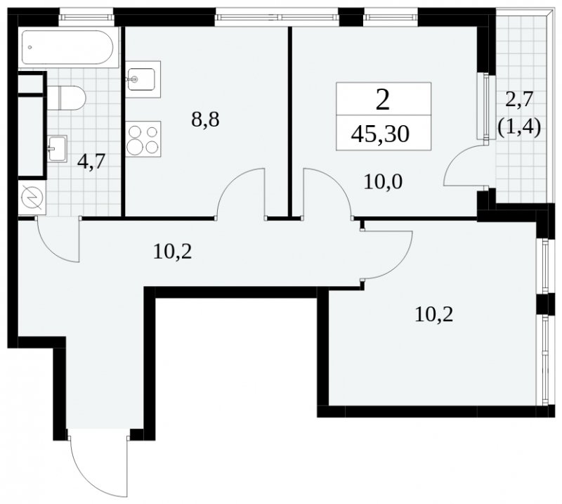 2-комнатная квартира без отделки, 45.3 м2, 24 этаж, сдача 2 квартал 2025 г., ЖК Южные сады, корпус 2.3 - объявление 1758259 - фото №1