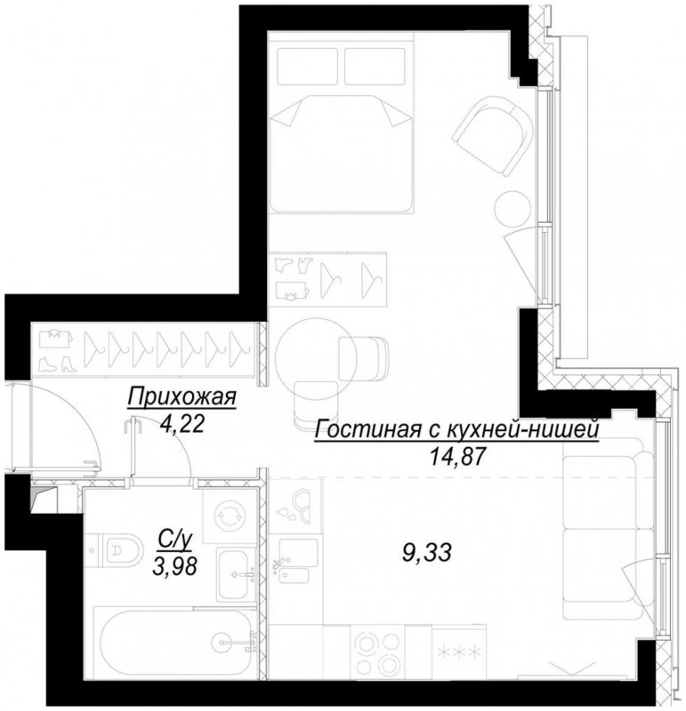 1-комнатная квартира с частичной отделкой, 32.4 м2, 9 этаж, сдача 1 квартал 2023 г., ЖК Hide, корпус RiverSide - объявление 1756824 - фото №1