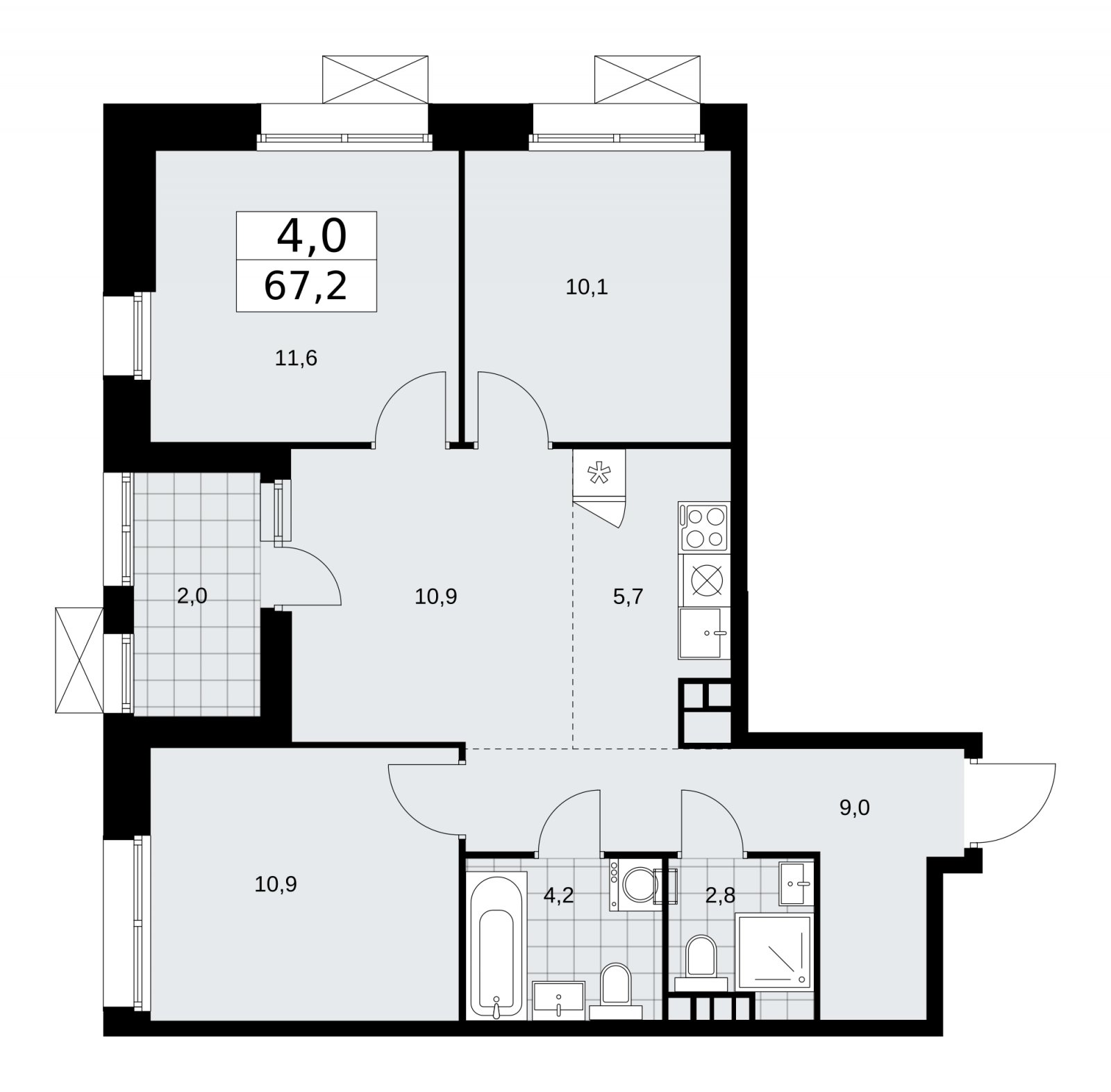 4-комнатная квартира (евро) без отделки, 67.2 м2, 8 этаж, сдача 4 квартал 2025 г., ЖК Бунинские кварталы, корпус 6.5 - объявление 2252796 - фото №1