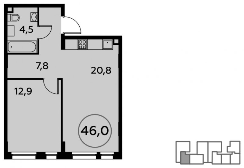 1-комнатная квартира без отделки, 46 м2, 2 этаж, сдача 1 квартал 2022 г., ЖК Скандинавия, корпус 7.1 - объявление 1169579 - фото №1