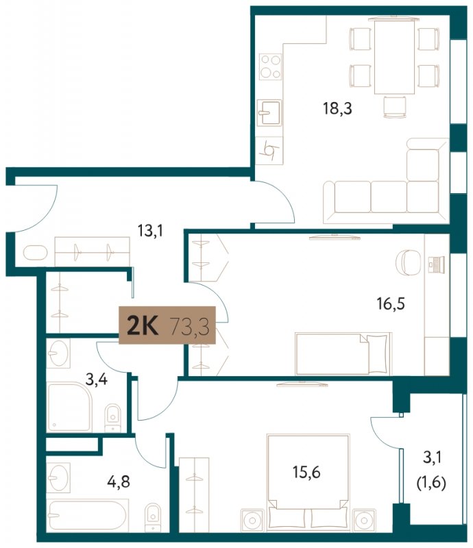 2-комнатная квартира 73.3 м2, 14 этаж, сдача 4 квартал 2022 г., ЖК Настоящее, корпус 1 - объявление 1752064 - фото №1