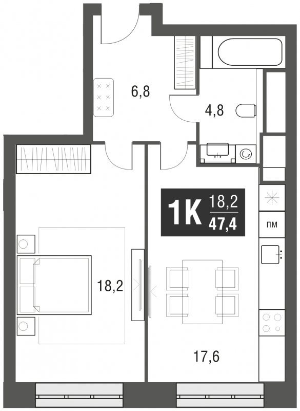 1-комнатная квартира с частичной отделкой, 47.4 м2, 26 этаж, сдача 2 квартал 2024 г., ЖК AFI Tower, корпус 1 - объявление 1930831 - фото №1