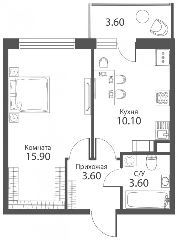 1-комнатная квартира с частичной отделкой, 34.3 м2, 14 этаж, сдача 2 квартал 2022 г., ЖК Аквилон PARK, корпус 1 - объявление 1275714 - фото №1