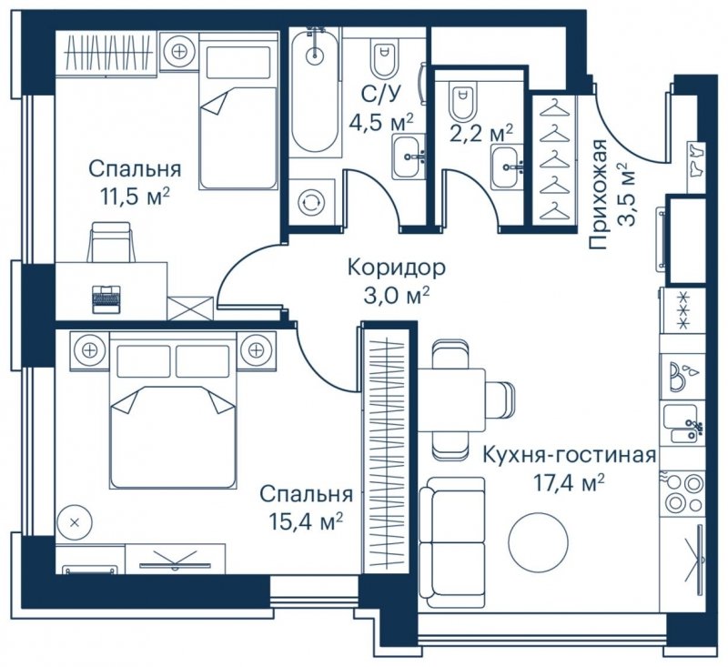 2-комнатная квартира с частичной отделкой, 57.41 м2, 16 этаж, сдача 2 квартал 2023 г., ЖК City Bay, корпус Indian Ocean 4 - объявление 1710929 - фото №1